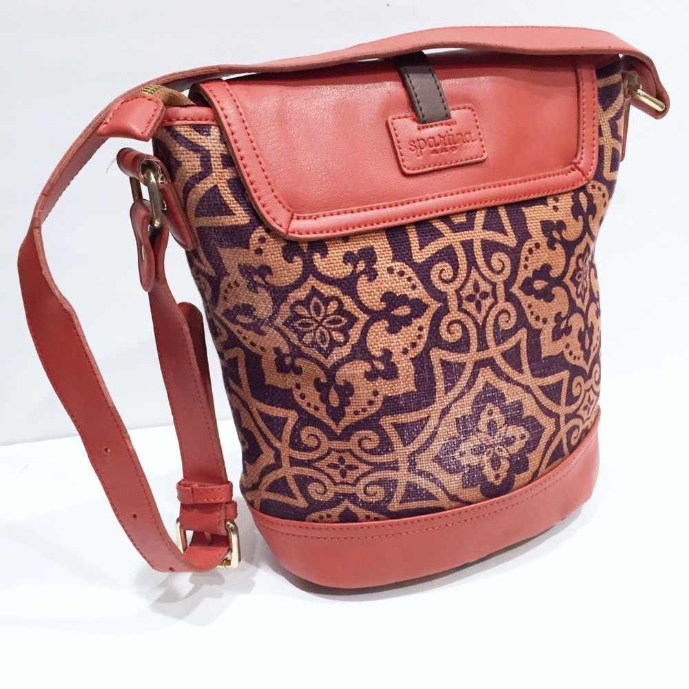 Spartina 449 coral leather and linen shoulder bag - Picture 2 of 11
